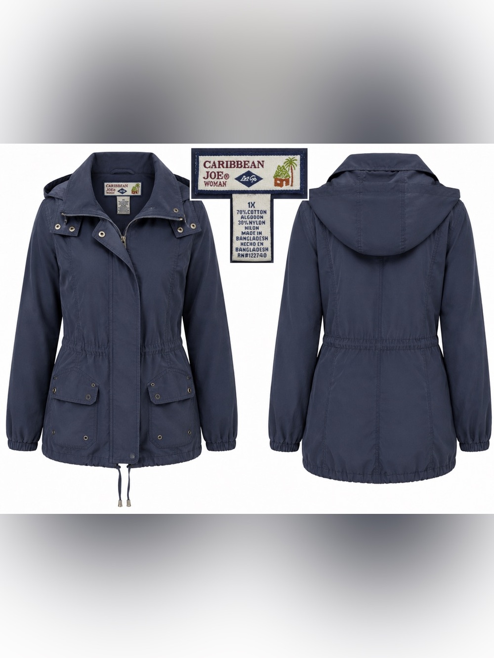 Caribbean Joe Woman Navy Hooded Utility Jacket 1X Lightweight Anorak